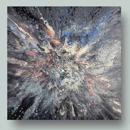 Abstrakcja wykonana metodą pouringu 50x50, Elżbieta Hanarz, obrazy akryl