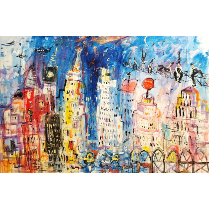 Budowlańcy i samoloty nad Nowym Jorkiem..., Dariusz Grajek, olej + akryl