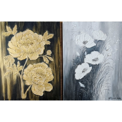 ELEGANCKI DYPTYK STRUKTURALNY Z WIDOCZNĄ TEKSTURĄ 3D - SREBRO i ZŁOTO 60x40cm (dostawa gratis), Marzena Dymek, obrazy akryl