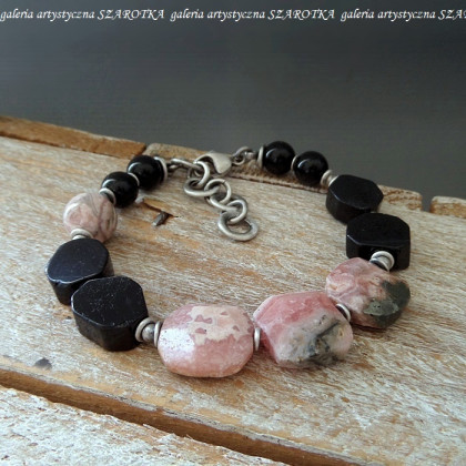 PINK-BLACK bransoletka z rodochrozytu, turmalinu, onyksu i srebra, szarotka, bransoletki