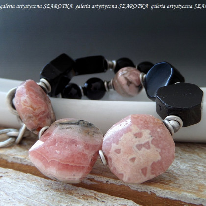 szarotka - bransoletki - PINK-BLACK bransoletka z rodochrozytu, turmalinu, onyksu i srebra foto #1