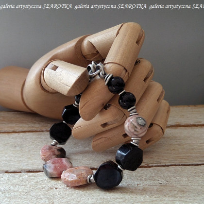 szarotka - bransoletki - PINK-BLACK bransoletka z rodochrozytu, turmalinu, onyksu i srebra foto #4
