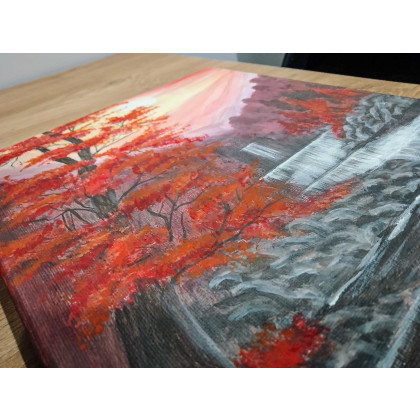 Marzena Dymek - obrazy akryl - PEJZAŻ AKRYLOWY RĘCZNIE MALOWANY NA PŁÓTNIE KARMAZYNOWA KASKADA - 30x24cm (darmowa dostawa) foto #1