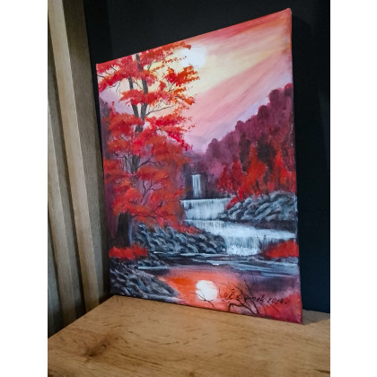 Marzena Dymek - obrazy akryl - PEJZAŻ AKRYLOWY RĘCZNIE MALOWANY NA PŁÓTNIE KARMAZYNOWA KASKADA - 30x24cm (darmowa dostawa) foto #2