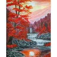 PEJZAŻ AKRYLOWY RĘCZNIE MALOWANY NA PŁÓTNIE KARMAZYNOWA KASKADA - 30X24CM (DARMOWA DOSTAWA)