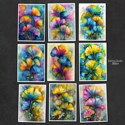 Ginkgo Biloba liście - zestaw 9 grafik 15x21 cm, Justyna Jaszke, Grafika cyfrowa