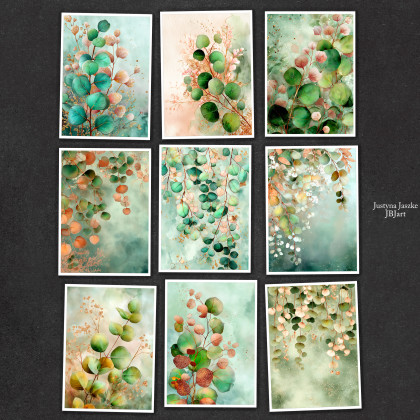 Eukaliptus liście - zestaw 9 grafik 15x21 cm, Justyna Jaszke, Grafika cyfrowa