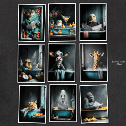 Zwierzęta w kąpieli - zestaw 9 grafik 15x21 cm, Justyna Jaszke, Grafika cyfrowa