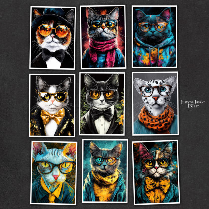 Hipsterskie koty 1 - zestaw 9 grafik 15x21 cm, Justyna Jaszke, Grafika cyfrowa