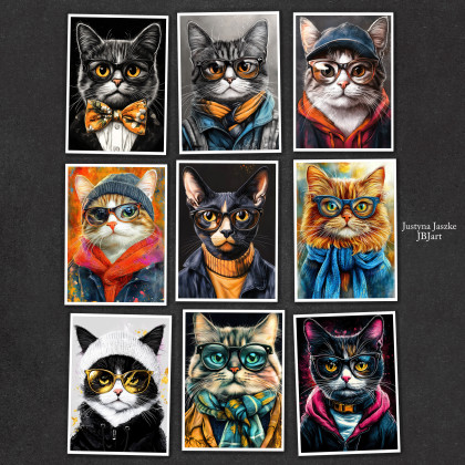 Hipsterskie koty 2 - zestaw 9 grafik 15x21 cm, Justyna Jaszke, Grafika cyfrowa