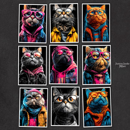 Miejskie koty - zestaw 9 grafik 15x21 cm, Justyna Jaszke, Grafika cyfrowa