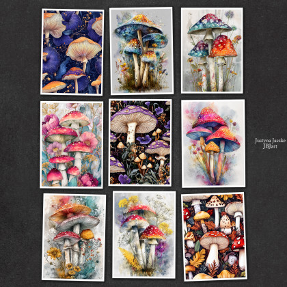 Magiczne grzyby - zestaw 9 grafik 15x21 cm, Justyna Jaszke, Grafika cyfrowa