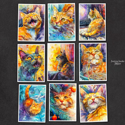 Kot Rudolf i Luna - zestaw 9 grafik 15x21 cm, Justyna Jaszke, Grafika cyfrowa