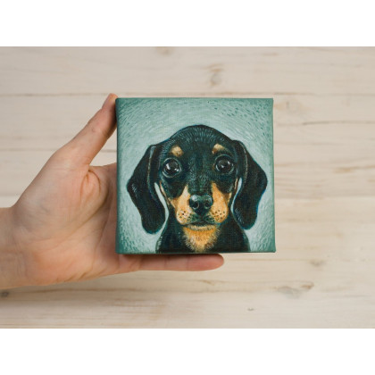 Jamniczek, obraz 10x10cm, Joanna Podolska, obrazy akryl