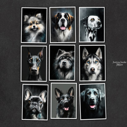 Psie portrety - zestaw 9 grafik 15x21 cm, Justyna Jaszke, Grafika cyfrowa