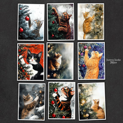 Koty kochają choinki - zestaw 9 grafik 15x21 cm, Justyna Jaszke, Grafika cyfrowa