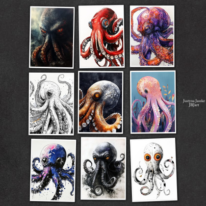 Ośmiornice - zestaw 9 grafik 15x21 cm, Justyna Jaszke, Grafika cyfrowa