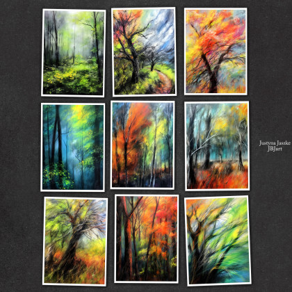 Pastelowy las - zestaw 9 grafik 15x21 cm, Justyna Jaszke, Grafika cyfrowa