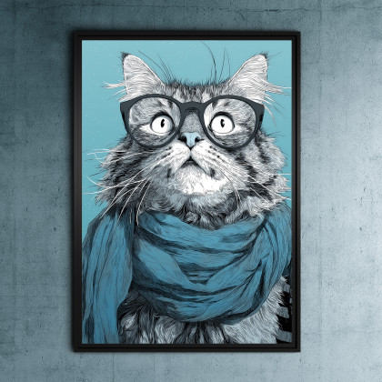 Kot w niebieskim szaliku - grafika na plakacie na A3, Justyna Jaszke, plakaty
