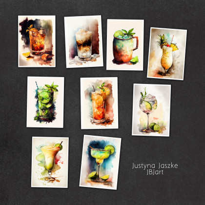 Drinki - zestaw 9 grafik 15x21 cm, Justyna Jaszke, Grafika cyfrowa