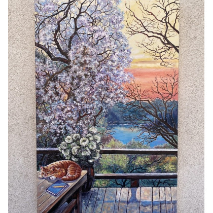 Inspiracja. Wiosenny poranek, kwitnące drzewo, szkicownik i rudy kotek., Myroslava Burlaka, obrazy olejne