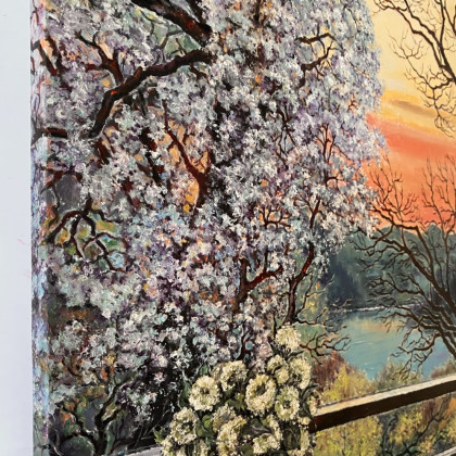 Myroslava Burlaka - obrazy olejne - Inspiracja. Wiosenny poranek, kwitnące drzewo, szkicownik i rudy kotek. foto #3