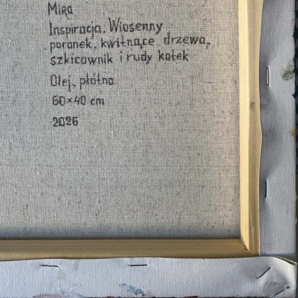 Myroslava Burlaka - obrazy olejne - Inspiracja. Wiosenny poranek, kwitnące drzewo, szkicownik i rudy kotek. foto #4