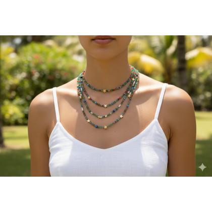 unikatart - korale,naszyjniki - Naszyjnik koralikowy Multi-Layer z gwiazdkami - kolorowy choker boho w stylu letnim foto #1