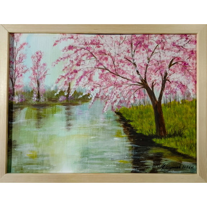 GOTOWY PEJZAŻ NA PREZENT - RĘCZNIE MALOWANY OBRAZ PULS W RÓŻU Z RAMĄ I MOTTO, Marzena Dymek, obrazy akryl