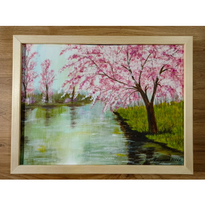 Marzena Dymek - obrazy akryl - GOTOWY PEJZAŻ NA PREZENT - RĘCZNIE MALOWANY OBRAZ PULS W RÓŻU Z RAMĄ I MOTTO foto #4