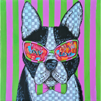 Obraz ręcznie malowany akrylami Płótno na tekturze Pies Buldog 30x30 cm, Yulia Szczerbak, obrazy akryl