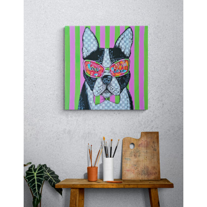 Yulia Szczerbak - obrazy akryl - Obraz ręcznie malowany akrylami Płótno na tekturze Pies Buldog 30x30 cm foto #1