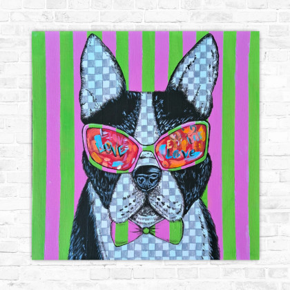Yulia Szczerbak - obrazy akryl - Obraz ręcznie malowany akrylami Płótno na tekturze Pies Buldog 30x30 cm foto #2
