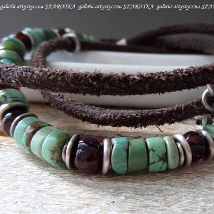 szarotka - bransoletki - TURQUOISE-BROWN bransoletka z turkusu, bursztynu, rzemienia i srebra foto #1