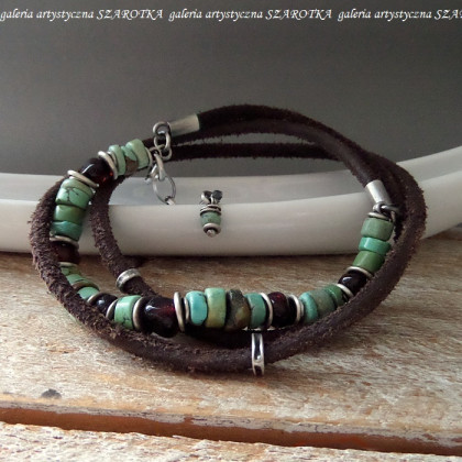 szarotka - bransoletki - TURQUOISE-BROWN bransoletka z turkusu, bursztynu, rzemienia i srebra foto #2