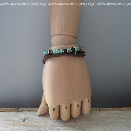szarotka - bransoletki - TURQUOISE-BROWN bransoletka z turkusu, bursztynu, rzemienia i srebra foto #3