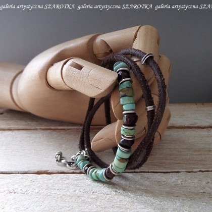 szarotka - bransoletki - TURQUOISE-BROWN bransoletka z turkusu, bursztynu, rzemienia i srebra foto #4
