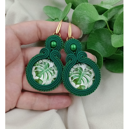 Kolczyki monstera, kolczyki soutache sutasz, kolczyki liście listki, Soutacheria, kolczyki