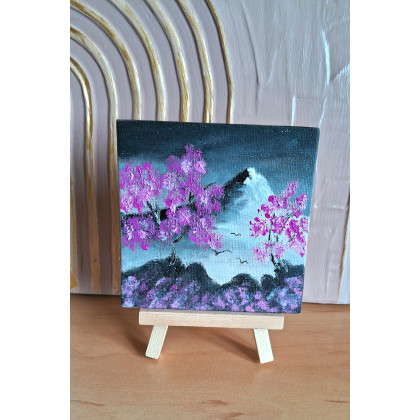 Yulia Szczerbak - obrazy olejne - Obraz na płótnie ręcznie malowany farbami olejowymi Sakura I Góra 10x10 miniaturowy foto #1