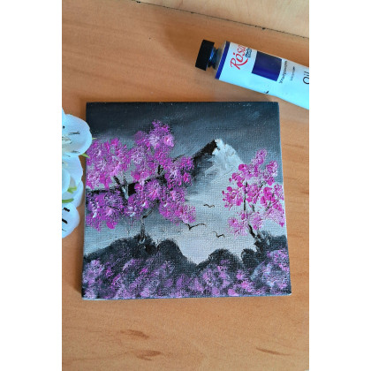 Yulia Szczerbak - obrazy olejne - Obraz na płótnie ręcznie malowany farbami olejowymi Sakura I Góra 10x10 miniaturowy foto #3