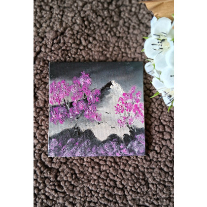 Yulia Szczerbak - obrazy olejne - Obraz na płótnie ręcznie malowany farbami olejowymi Sakura I Góra 10x10 miniaturowy foto #4