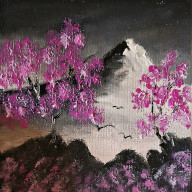 OBRAZ NA PŁÓTNIE RĘCZNIE MALOWANY FARBAMI OLEJOWYMI SAKURA I GÓRA 10X10 MINIATUROWY