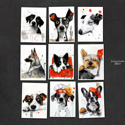 Psy rysunkowe - zestaw 9 grafik 15x21 cm, Justyna Jaszke, Grafika cyfrowa