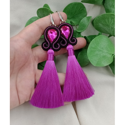Długie kolczyki fuksja z chwostami, chwosty klipsy sztyfty soutache sutasz, Soutacheria, kolczyki