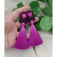 DŁUGIE KOLCZYKI FUKSJA Z CHWOSTAMI, CHWOSTY KLIPSY SZTYFTY SOUTACHE SUTASZ