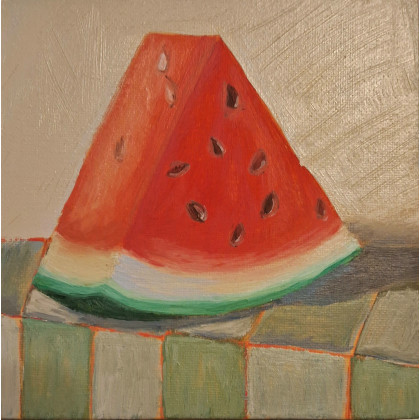 Obraz na płótnie ręcznie malowany farbami olejowymi Arbuz 15x15 miniaturowy, Yulia Szczerbak, obrazy olejne