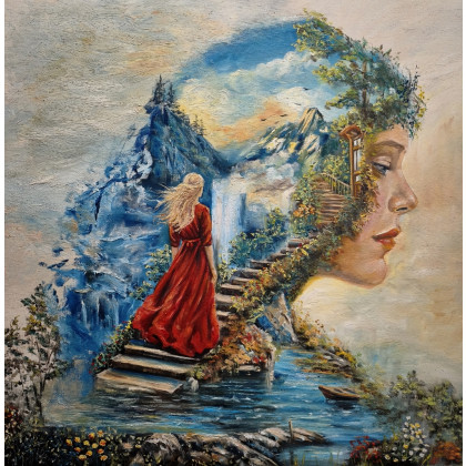 Droga do siebie - obraz olejny 60x60 cm, surrealizm, kobieta, natura, KingaOilArt, obrazy olejne