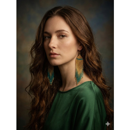 unikatart - kolczyki - Długie kolczyki boho z koralików – Złoty blask i morski turkus foto #1