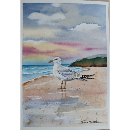 Beata Rudecka - obrazy akwarela - Obraz akwarelowy: Strażnik plaży – Mewa, 19x27 cm foto #1