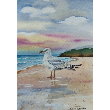 Beata Rudecka - obrazy akwarela - Obraz akwarelowy: Strażnik plaży – Mewa, 19x27 cm foto #3